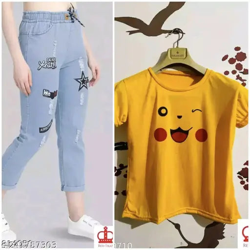 Trendy light denim with Piakchu print, cotton blend short sleeves, unique fashion pack (2pc)