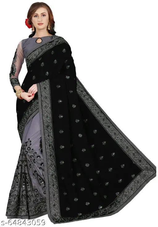 Embroidered Vichitra Silk net saree, single piece with separate Bangalori silk blouse, Indian handcrafted fashion accessory