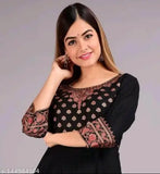 Black printed anarkali kurti with embroidery, short sleeves
