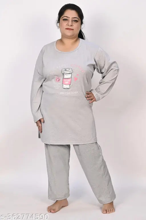 Printed cotton blend night suit with long sleeves for plus size women, full sleeve pyjama set on hanger