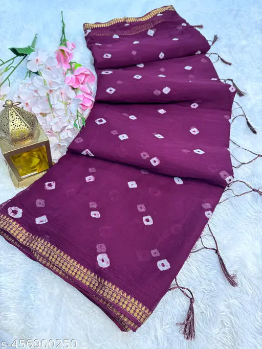 Chiffon silk bandhani dyed saree with tassels, Indian embroidered net blouse, free size (5.6m length)