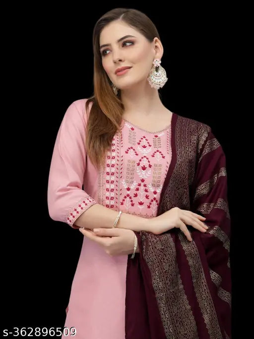 Aagam cotton kurta sets, solid-patterned three-quarter sleeves, stitched net with dupatta and bottomwear, India origin, S to XXXL sizes