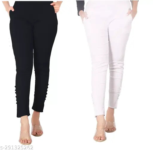 Stylish high-waisted women's and girls' cotton lycra stretchable ankle length trousers (pack of 2), versatile for formal or casual occasions, elastic waistband and side pockets included