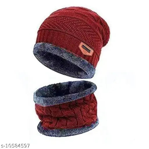 Maroon knit beanie cap with grey border, matching maroon scarf for men and women