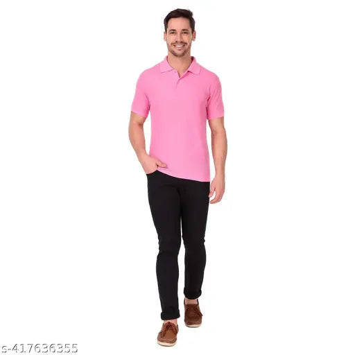 Baby Pink Cotton Blend Men's Polo Half Sleeve T-shirt, comfortable and stylish for casual or formal wear