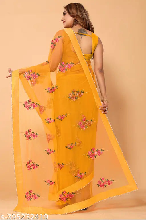 Beautiful Zari Resham thread embroidered net saree with moti lace border, unstitched blouse fabric in art silk - party wear or festival wear