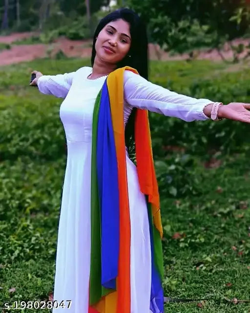 Stylish white georgette jumpsuit gown for women under 500, solid design with three-quarter sleeves. Evening or formal wear option in S, M, L, XL, XXL, XXXL sizes. Indian designer gown with possible dupatta accessory