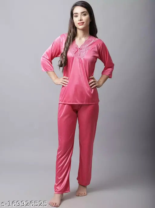 Women's Boston Club Satin nightsuit, long-sleeved satin pyjamas in solid color, available in S, M, L, XL
