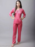 Women's Boston Club Satin nightsuit, long-sleeved satin pyjamas in solid color, available in S, M, L, XL