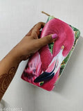 Trendy, printed girls clutch purse with flamingo and plant design