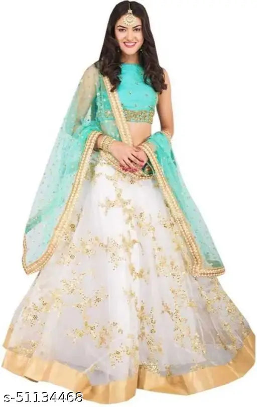 White & Sky silk lehenga choli set with net dupatta, traditional Indian wedding wear on mannequin
