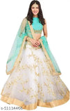 White & Sky silk lehenga choli set with net dupatta, traditional Indian wedding wear on mannequin