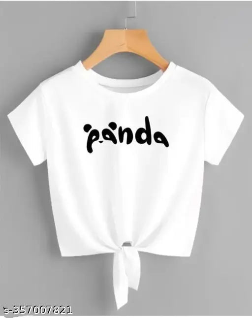 Trendy white crop top, panda printed lycra with short sleeves, women's fashion accessory