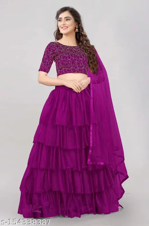 Satin-net embroidered lehenga set with ruffled choli and lace dupatta for party/wedding wear. Semi-stitched (42in waist, 42in length), alterable up to size 42in, India origin