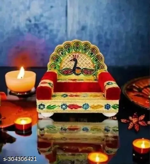 Red wooden Krishna Sinhasan, all-purpose chowki direct from Mathura Vrindavan. Wooden Singhasan for home decor