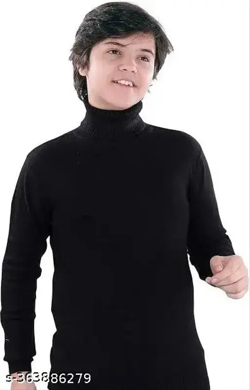 Kids black highneck cotton rib sweater for boys, solid design in long sleeves, 320gm material for winter wear, trendy style for kids aged 8-16 years. Made in India