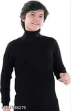 Kids black highneck cotton rib sweater, long sleeve, 320gm, solid design for winters, trendy boys' wear