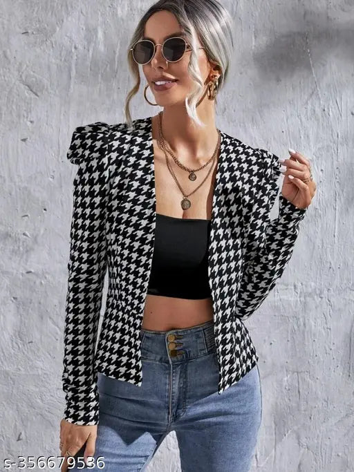 Polyester houndstooth print open-front jacket with long sleeves, casual party wear, XS-XXL