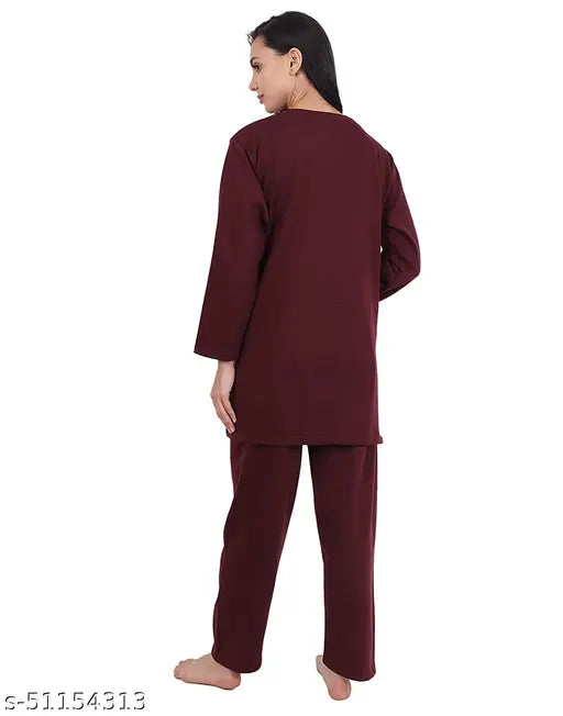 Matelco women's wool nightsuit with printed net typography, haute moda winter loungewear on display