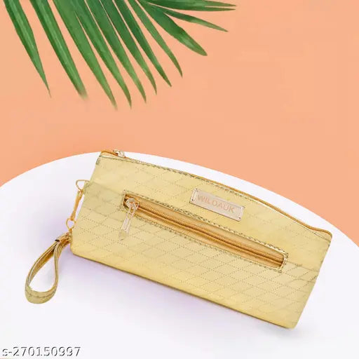 Gold zip clutch purse, with a silver closure