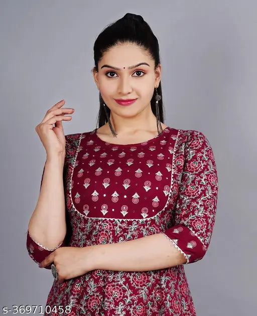 Rayon printed anarkali kurta for women in wine color
