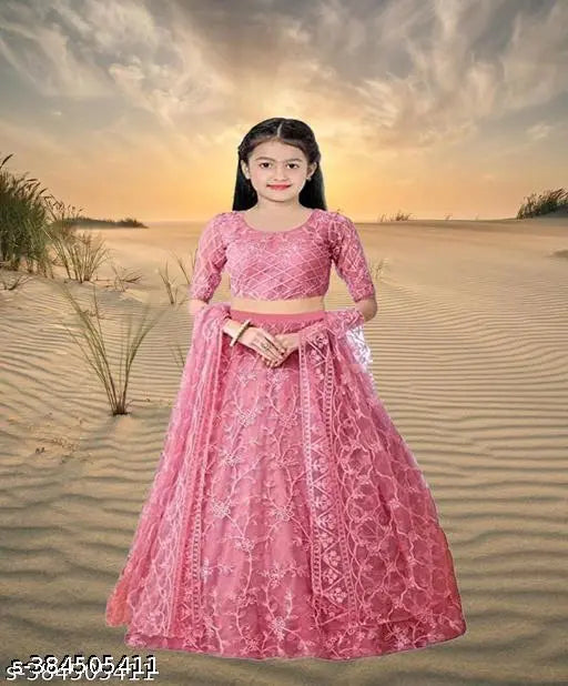 Indian net lehenga choli set with embroidered patterns, semi-stitched for ages 3-14 years