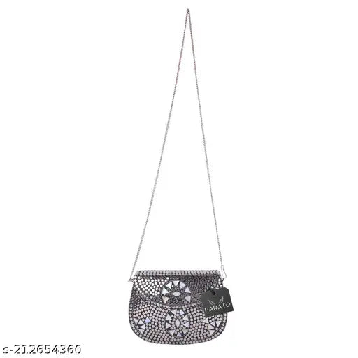 Handmade silver metal bag with sheep embellishment, sling clutch style for party wear or bridal accessory, designed with a triangular top handle