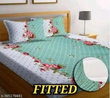 White glace cotton, elastic-fitted double size bedsheet with 2 pillow covers (pack of 1), ideal for summer, up to 6 inches mattress
