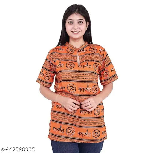 Printed cotton Women's kurta with short sleeves, intricate Indian design, size M (25 in length)