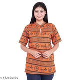 Printed cotton Women's kurta with short sleeves, intricate Indian design, size M (25 in length)
