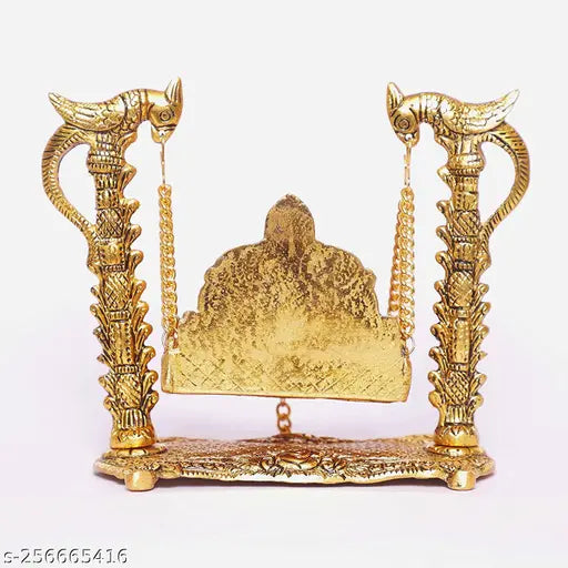 Metal Krishna idol Jhula decorative showpiece, gold and metal, traditional Indian home or office decor, dimensions: 20.5cm L x 16.5cm H x 10cm B