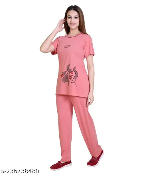 Cotton printed night suit for women and girls, Disney and cartoon prints, short-sleeved pyjama set on hanger