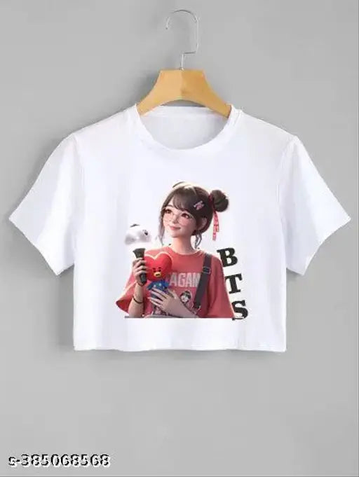 White polyester crop top with printed net pattern for girls, modern design, round neck, short sleeves