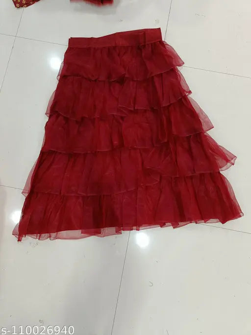 Maroon silk-blend lehenga set with net dupatta and ruffle bottom, Indian women's traditional outfit, semi or unstitched, free size (waist 34in, length 47in, dupatta 2.25m)