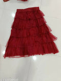 Maroon silk-blend lehenga set with net dupatta and ruffle bottom, Indian women's traditional outfit, semi or unstitched, free size (waist 34in, length 47in, dupatta 2.25m)