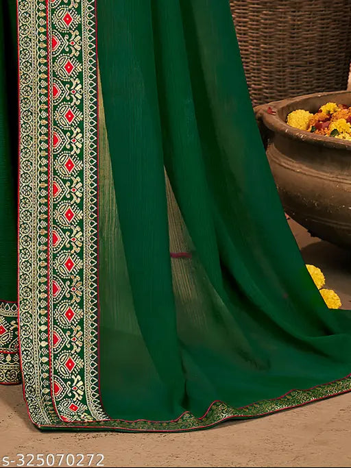 Teal georgette saree with jacquard border, unstitched blouse