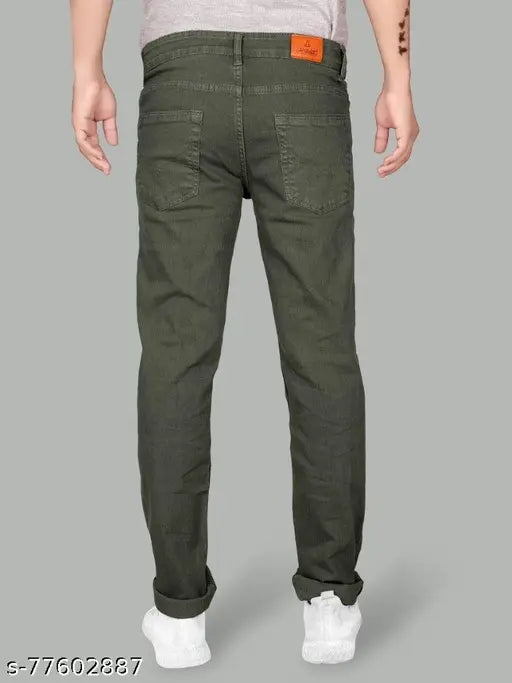 Just black mens straight olive jeans, cotton solid dark olive color for men's regular fit, size 28, 30, 32, 36, 40, 44, 46 (India)