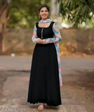 Black Georgette gown with long sleeves, printed combo, and dupatta set - pastel shades, full sleeve, fox georgette print, India origin