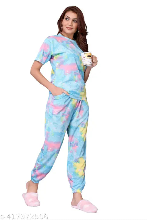 Tie-dye jogger set with baggy t-shirt trousers for women, low price, printed polycotton nightwear suitable for daily/party wear