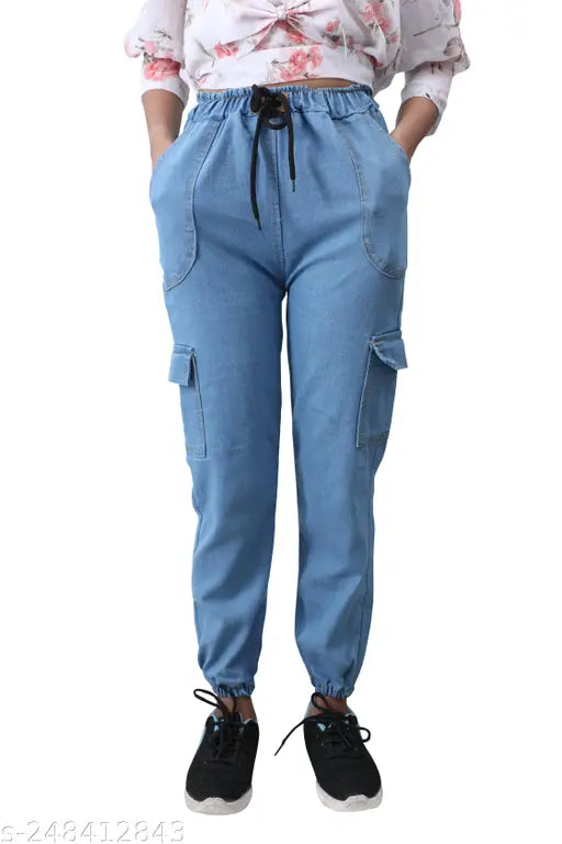 Light blue denim cargo-style women's joggers, high waist with tummy control, imported, hand wash/hang dry only