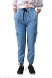 Light blue denim cargo-style women's joggers, high waist with tummy control, imported, hand wash/hang dry only