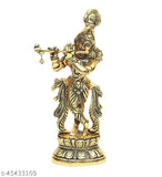 Gold-plated Krishna idol playing Bansuri, Indian metal showpiece, 6cm x 10cm x 22.5cm