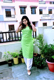 Green rayon sleeveless Kurta Palazzo set, printed net design, Indian ethnic wear on display