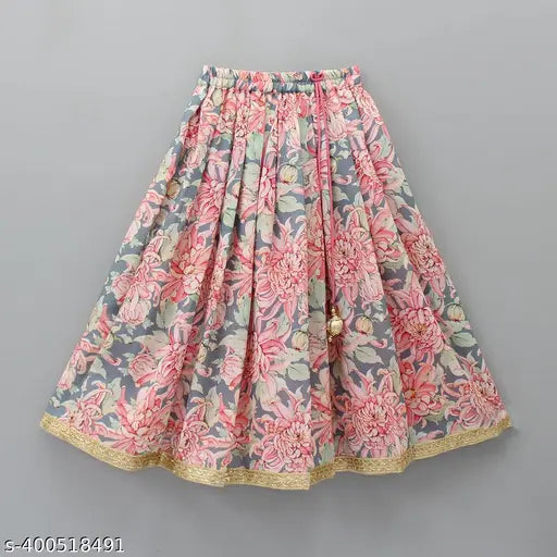 Crepe and chanderi cotton floral print lehenga choli set in various sizes for girls aged 3-12 years, made in India
