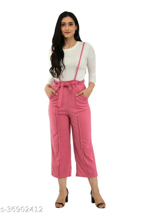 Pink cotton blend dungaree set: 1 full sleeve round neck white t-shirt, 1 pink dress (S28, M30, L32, XL34) - trendy partywear for women on display