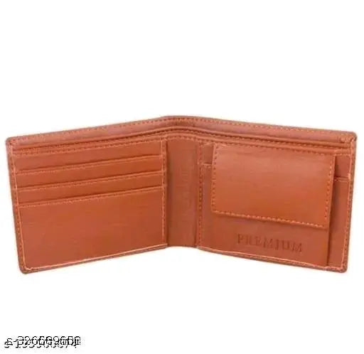 Tan PU wallet for men, 5 card slots, durable leather feel, compact size, additional photo & ID sleeves