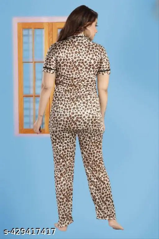 Stylish satin night suit with three-quarter sleeves, velvet comfortable night dress for women and girls. Printed pattern, India origin