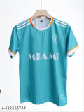 Green Messi Inter Miami latest jersey 2024/25, short-sleeved polypropylene soccer attire with printed design on chest, model wearing size M