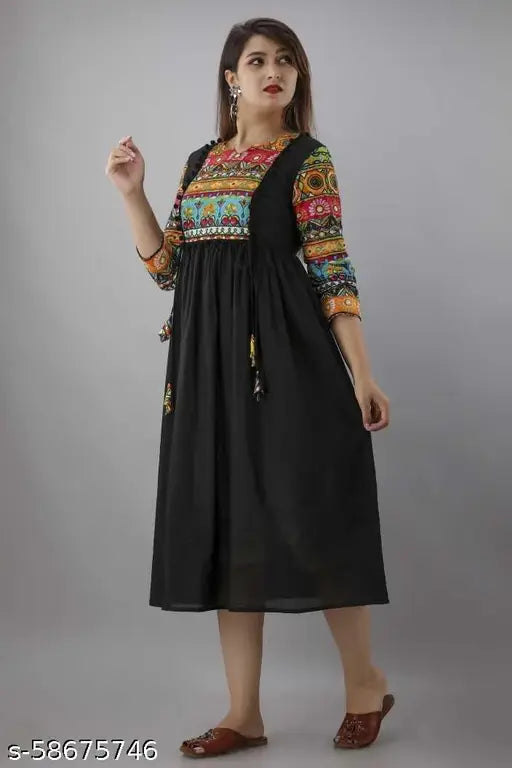 Women's printed rayon long anarkali kurta, three-quarter sleeves, Indian traditional fashion - S (bust size: 36in, length: 48in)