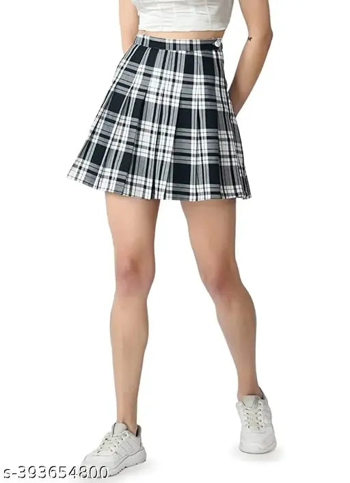 Cotton checked mini skirts combo for women & girls, high waist pleated skirt set with tennis and short skirts, fashionnable latest style for various sizes (24-32in)